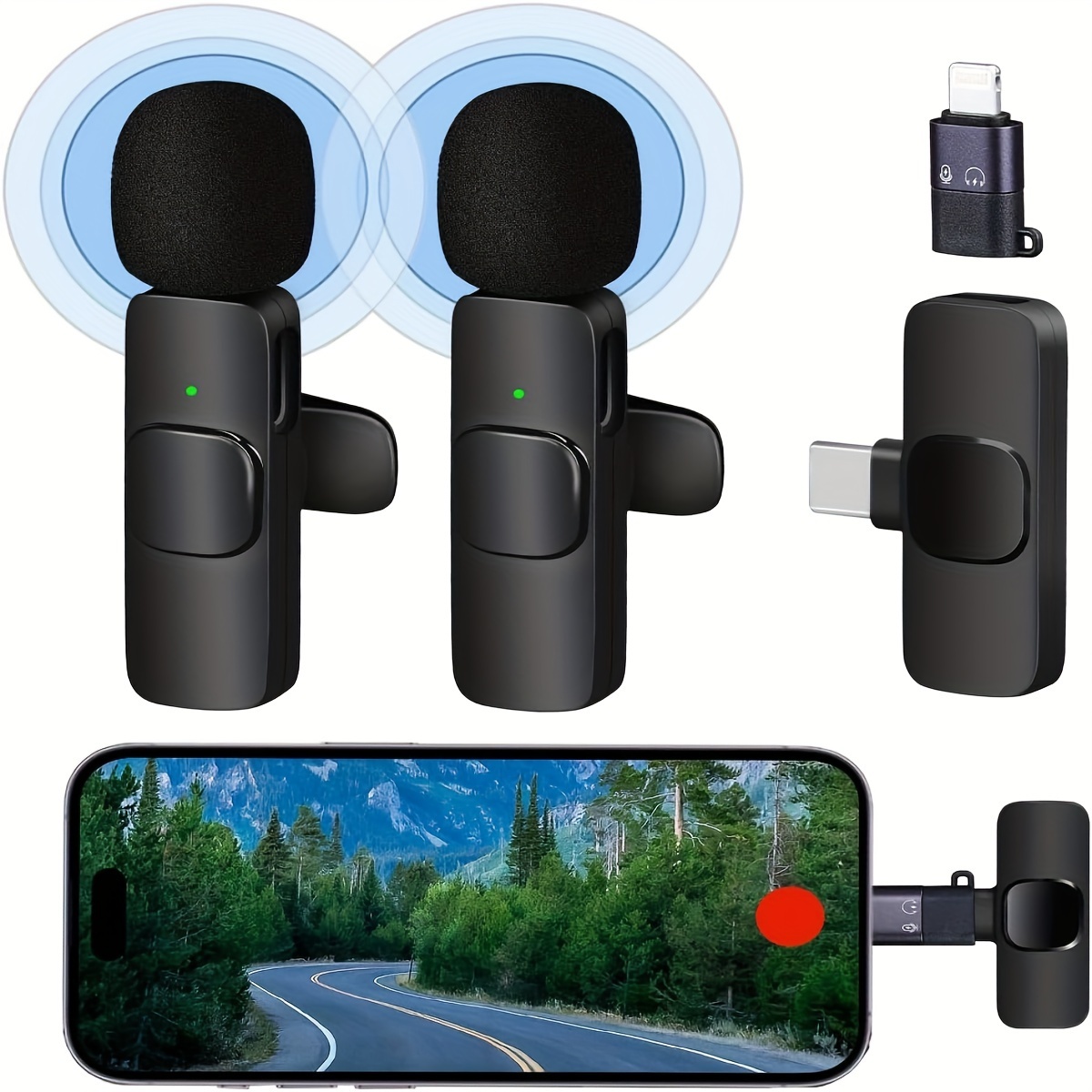 2 pack type c mini wireless lavalier microphone for iphone and android devices noise canceling lavalier microphone with adapter omni lav mic for video recording details 1