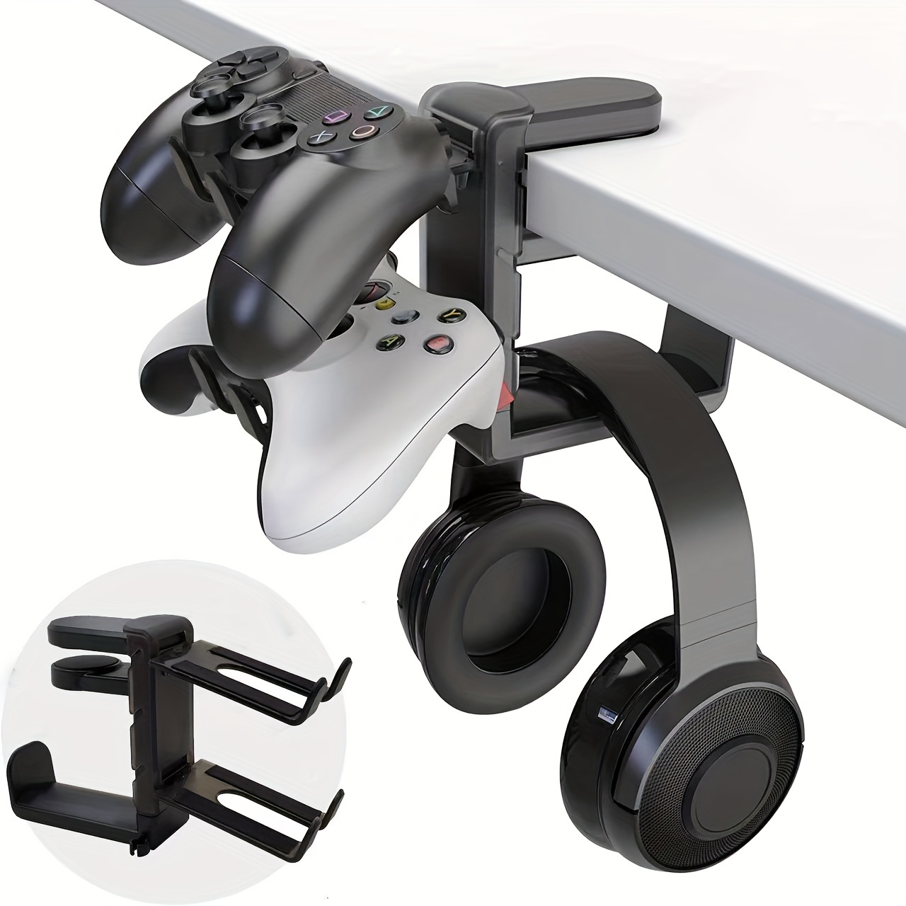 adjustable abs under desk headphone holder hanger with swivel clamp non stick on mount rotating arm for gaming headset storage details 0