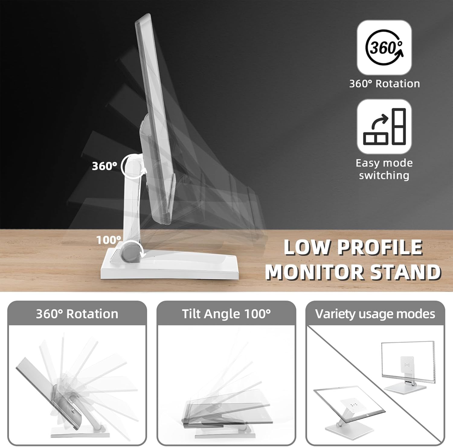 vesa monitor mount stand low profile lay flat folding monitor stand with vesa and 100x100 white details 0