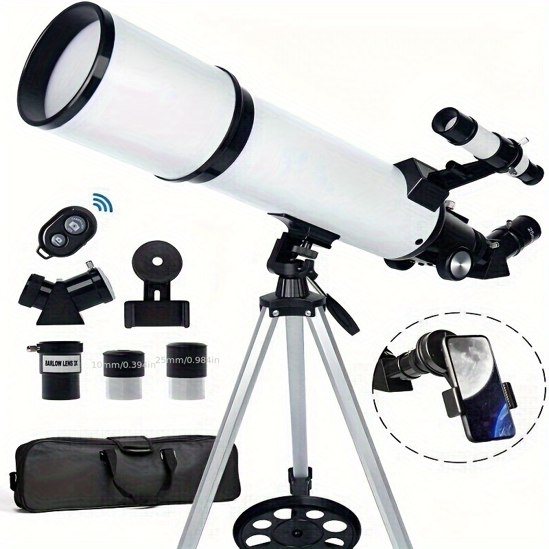 telescope 80mm aperture 600mm astronomical portable refracting fully multi coated high transmission coatings az mount with tripod phone adapter wireless control carrying bag details 1