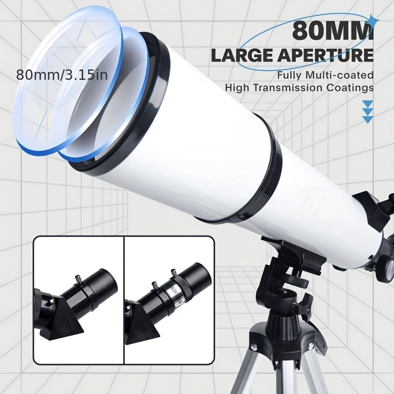 telescope 80mm aperture 600mm astronomical portable refracting fully multi coated high transmission coatings az mount with tripod phone adapter wireless control carrying bag details 2
